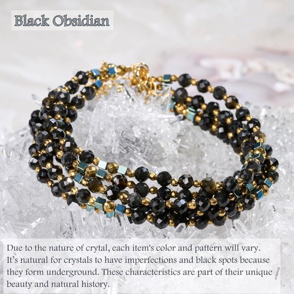 Black Obsidian Chakra Crystal Beaded Bracelet for Women, 7-9 Inch - Picture 5 of 8